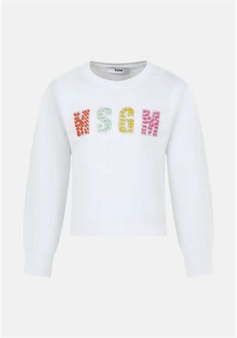 White lettering logo girl's sweatshirt with rhinestones and multicolor stones MSGM | S4MSJGSW175001